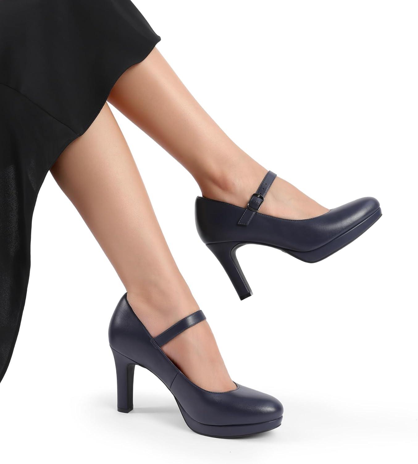 imageDREAM PAIRS Womens Pumps Close Toe Classic High Heels Round Toe Comfortable Low Platform Mary Jane Dress ShoesNavy