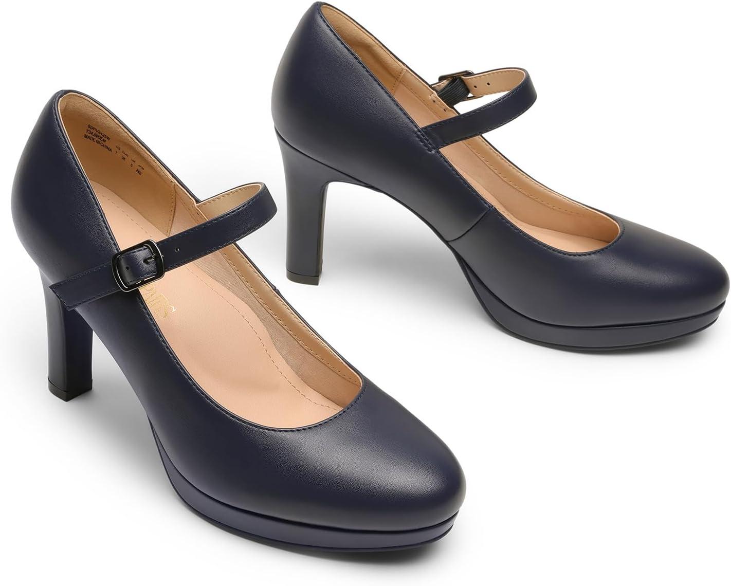 imageDREAM PAIRS Womens Pumps Close Toe Classic High Heels Round Toe Comfortable Low Platform Mary Jane Dress ShoesNavy