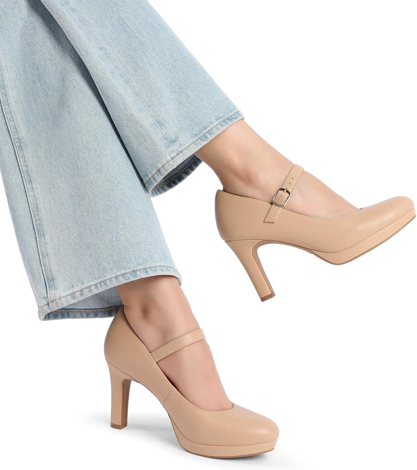 imageDREAM PAIRS Womens Pumps Close Toe Classic High Heels Round Toe Comfortable Low Platform Mary Jane Dress ShoesNude