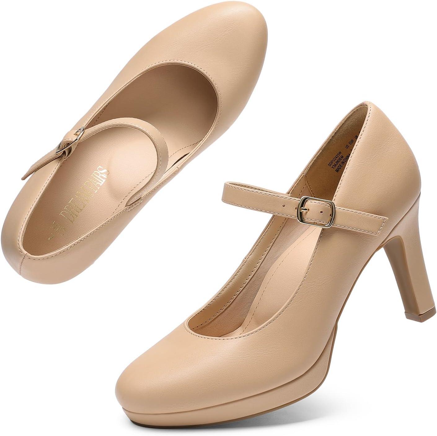 imageDREAM PAIRS Womens Pumps Close Toe Classic High Heels Round Toe Comfortable Low Platform Mary Jane Dress ShoesNude