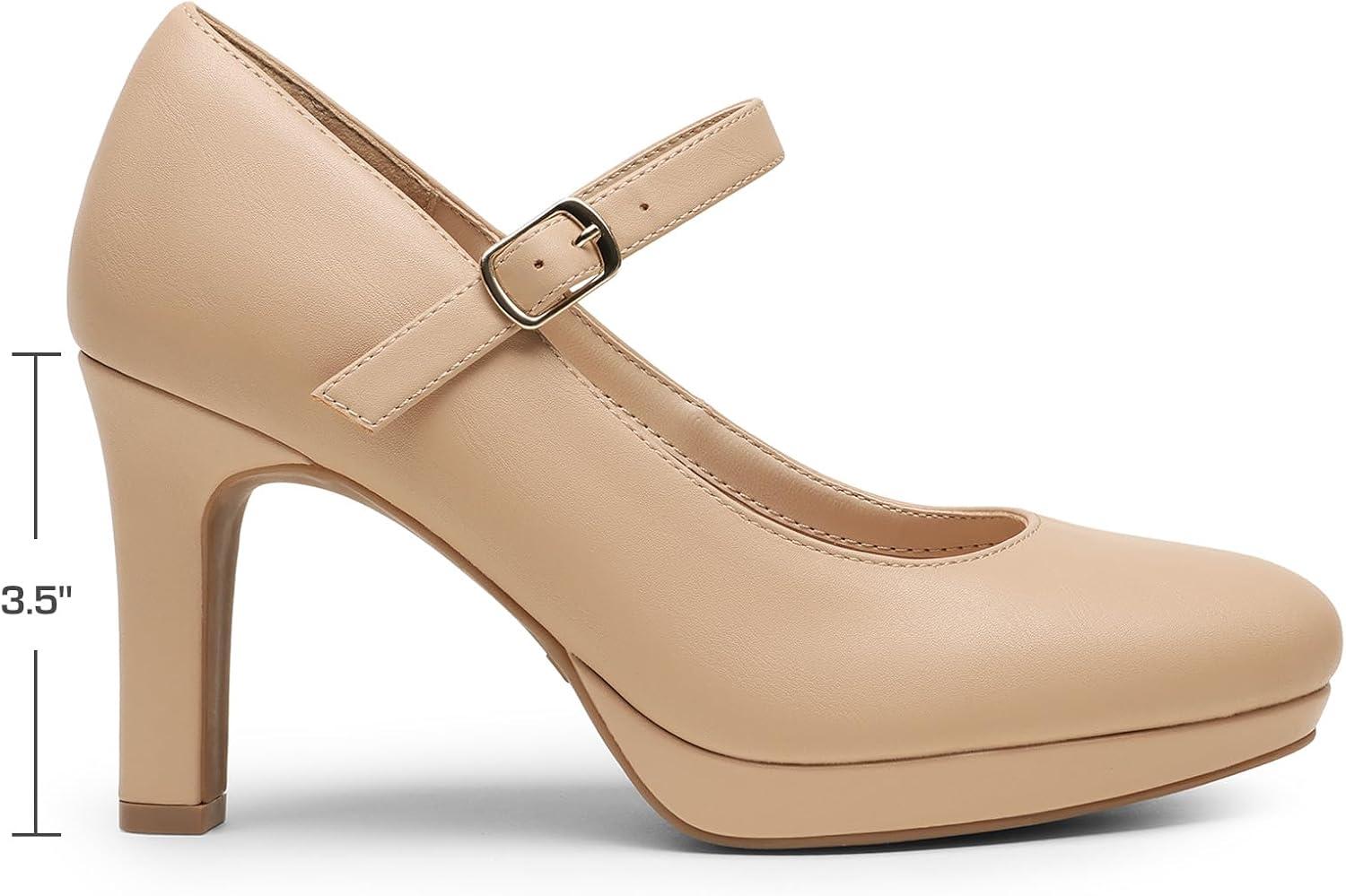 imageDREAM PAIRS Womens Pumps Close Toe Classic High Heels Round Toe Comfortable Low Platform Mary Jane Dress ShoesNude