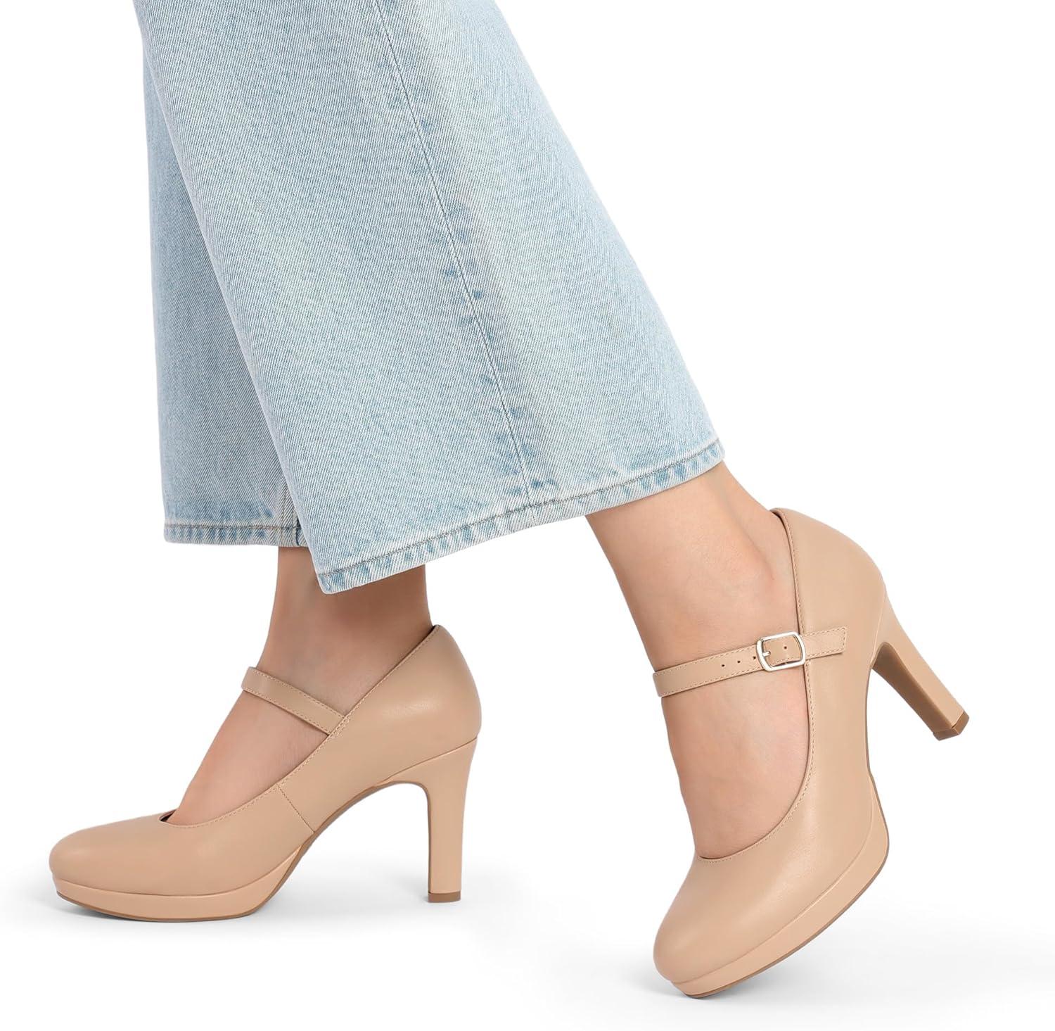 imageDREAM PAIRS Womens Pumps Close Toe Classic High Heels Round Toe Comfortable Low Platform Mary Jane Dress ShoesNude