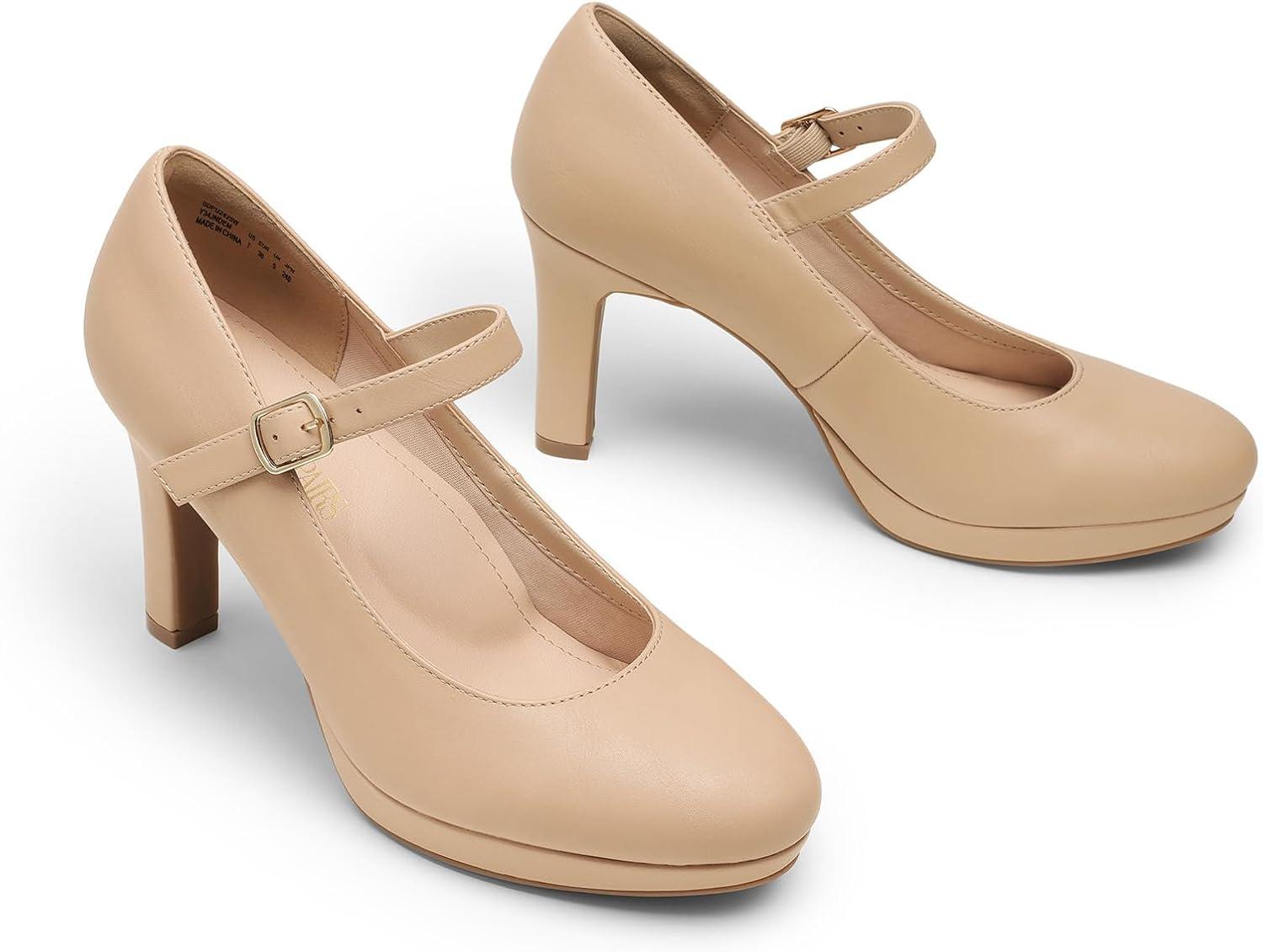 imageDREAM PAIRS Womens Pumps Close Toe Classic High Heels Round Toe Comfortable Low Platform Mary Jane Dress ShoesNude