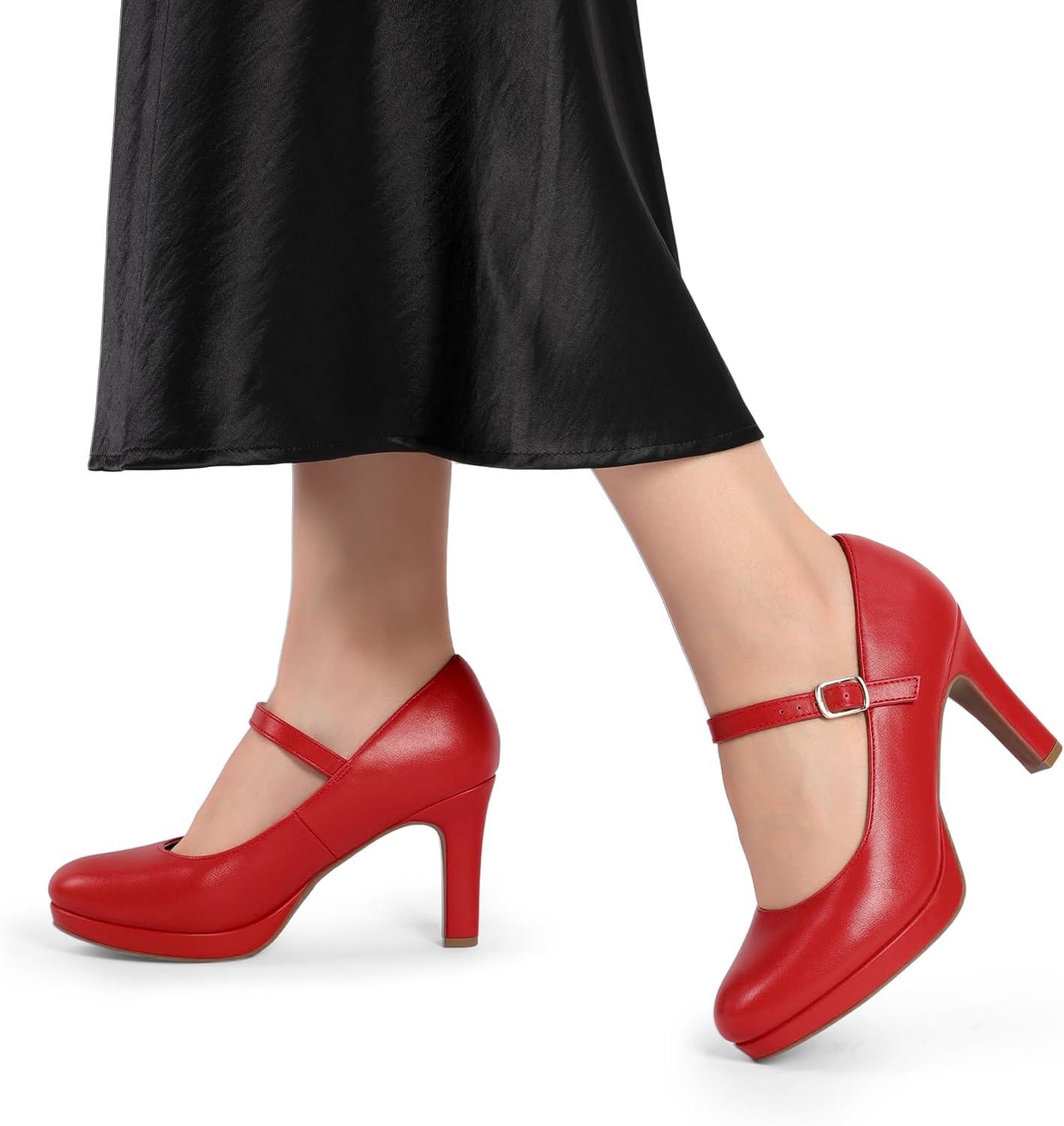 imageDREAM PAIRS Womens Pumps Close Toe Classic High Heels Round Toe Comfortable Low Platform Mary Jane Dress ShoesRedpu