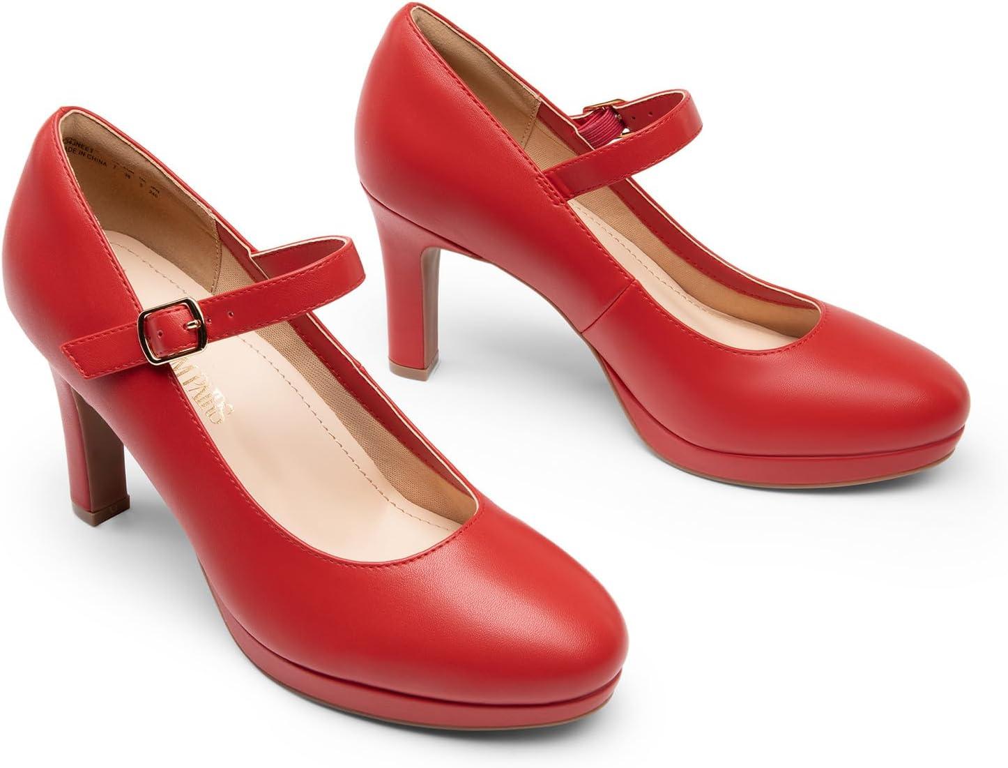 imageDREAM PAIRS Womens Pumps Close Toe Classic High Heels Round Toe Comfortable Low Platform Mary Jane Dress ShoesRedpu