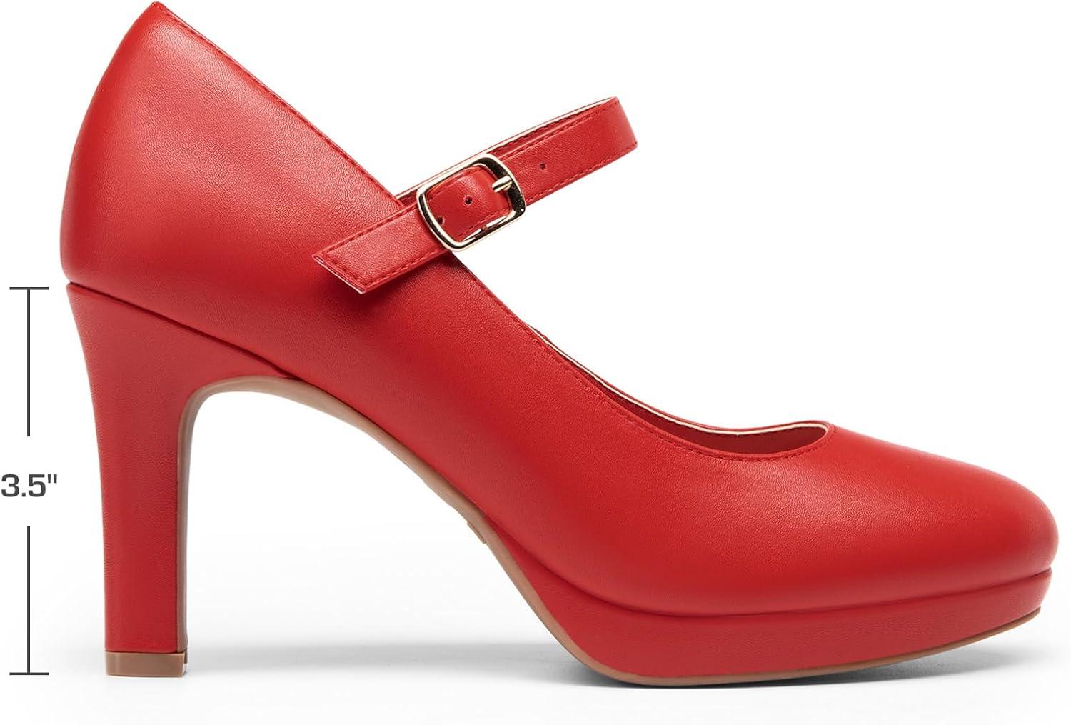 imageDREAM PAIRS Womens Pumps Close Toe Classic High Heels Round Toe Comfortable Low Platform Mary Jane Dress ShoesRedpu