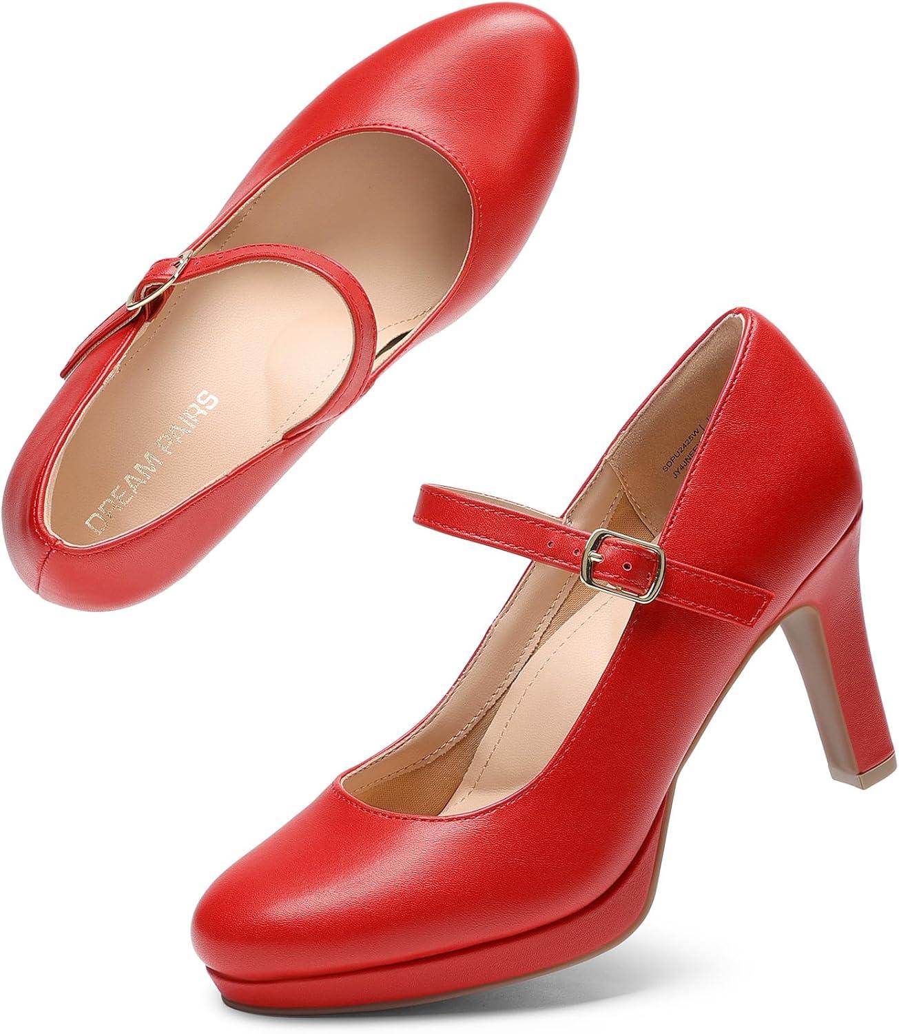 imageDREAM PAIRS Womens Pumps Close Toe Classic High Heels Round Toe Comfortable Low Platform Mary Jane Dress ShoesRedpu