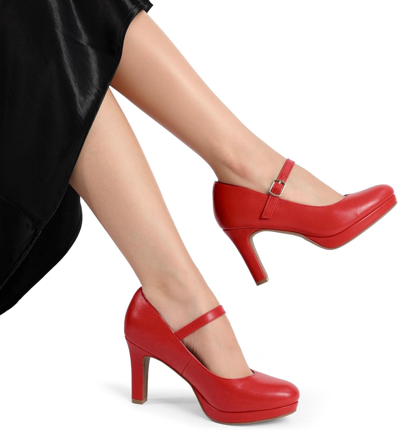 imageDREAM PAIRS Womens Pumps Close Toe Classic High Heels Round Toe Comfortable Low Platform Mary Jane Dress ShoesRedpu