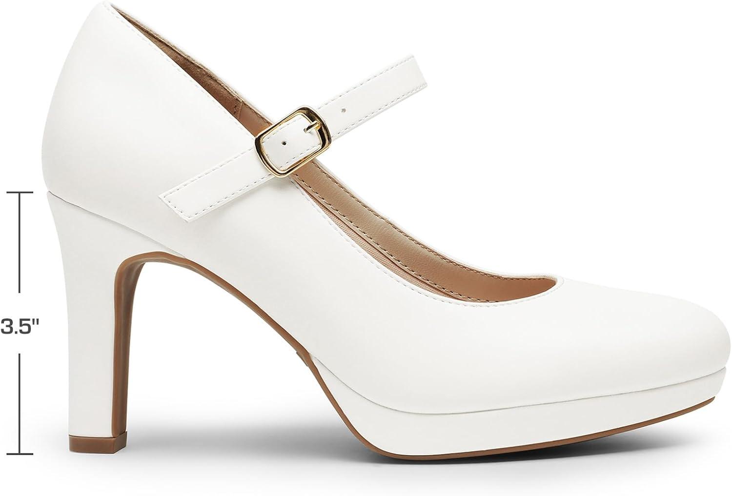 imageDREAM PAIRS Womens Pumps Close Toe Classic High Heels Round Toe Comfortable Low Platform Mary Jane Dress ShoesWhite