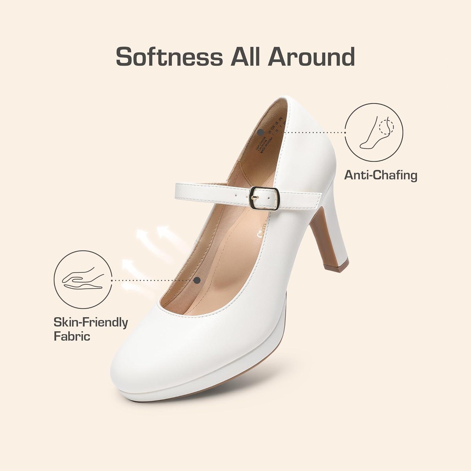 imageDREAM PAIRS Womens Pumps Close Toe Classic High Heels Round Toe Comfortable Low Platform Mary Jane Dress ShoesWhite