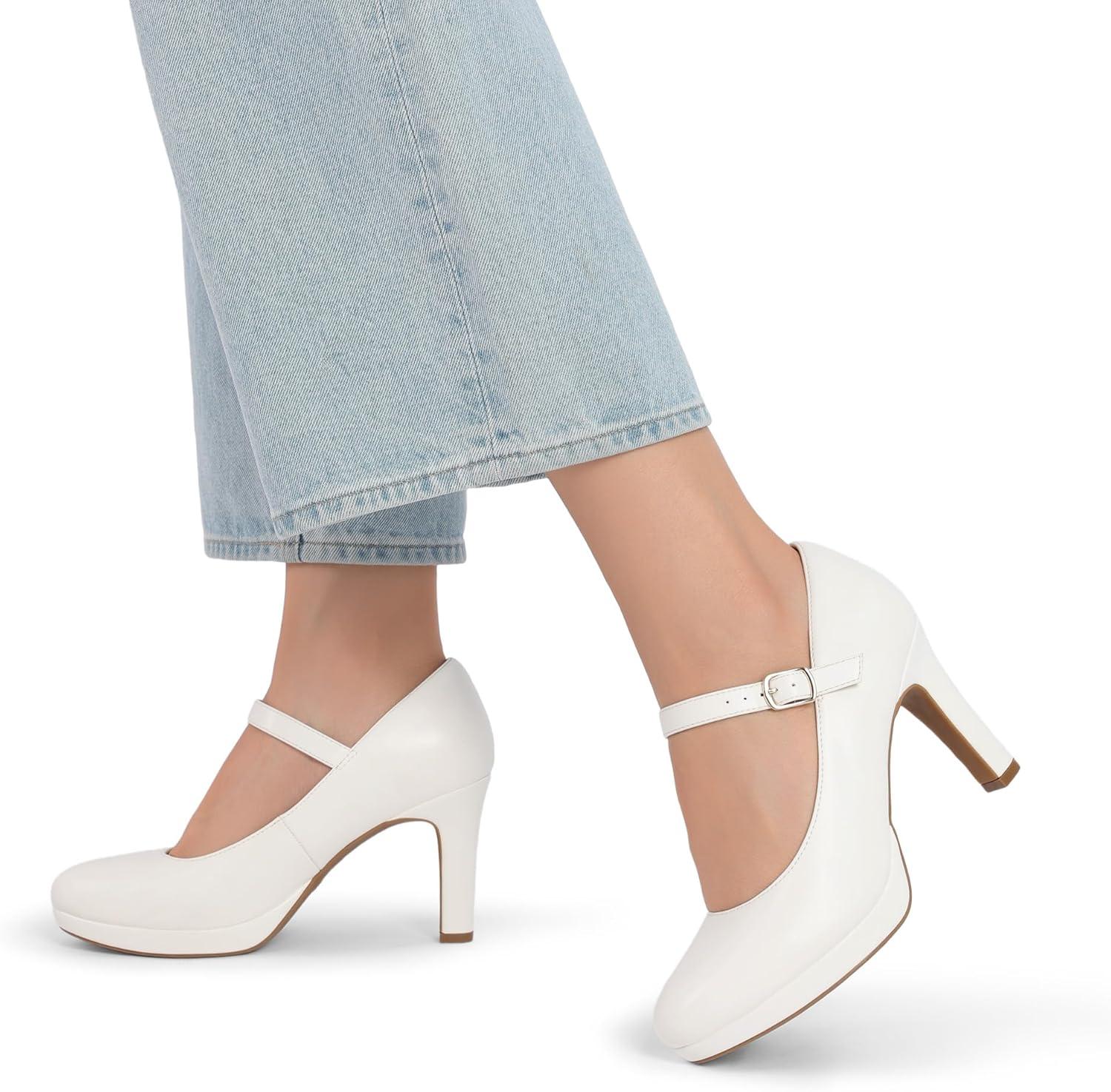 imageDREAM PAIRS Womens Pumps Close Toe Classic High Heels Round Toe Comfortable Low Platform Mary Jane Dress ShoesWhite