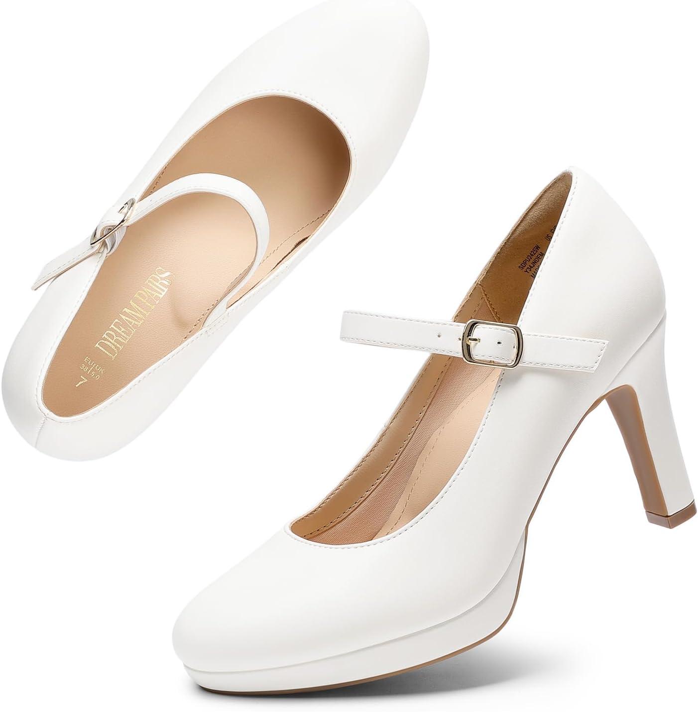 imageDREAM PAIRS Womens Pumps Close Toe Classic High Heels Round Toe Comfortable Low Platform Mary Jane Dress ShoesWhite