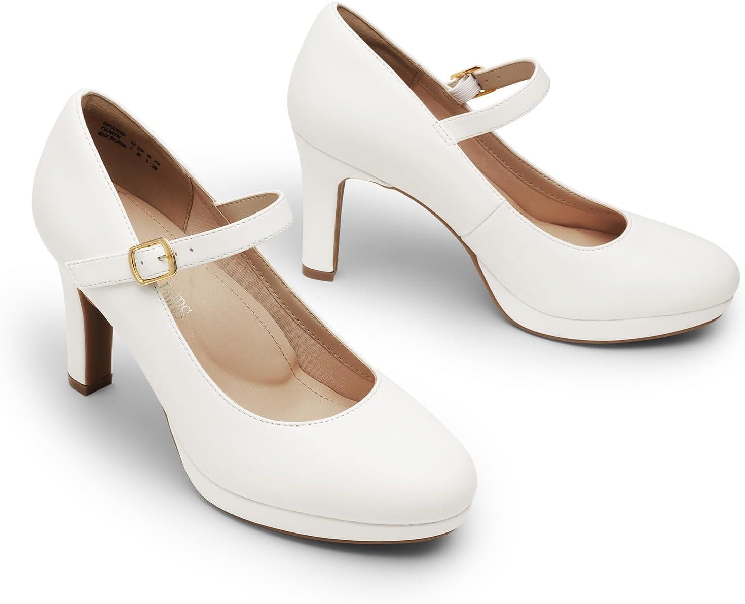 imageDREAM PAIRS Womens Pumps Close Toe Classic High Heels Round Toe Comfortable Low Platform Mary Jane Dress ShoesWhite
