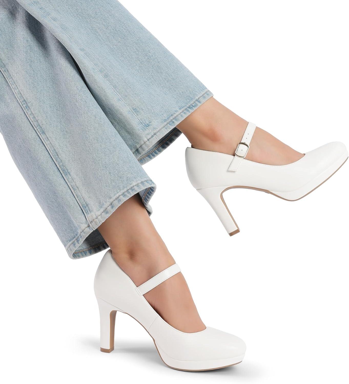 imageDREAM PAIRS Womens Pumps Close Toe Classic High Heels Round Toe Comfortable Low Platform Mary Jane Dress ShoesWhite