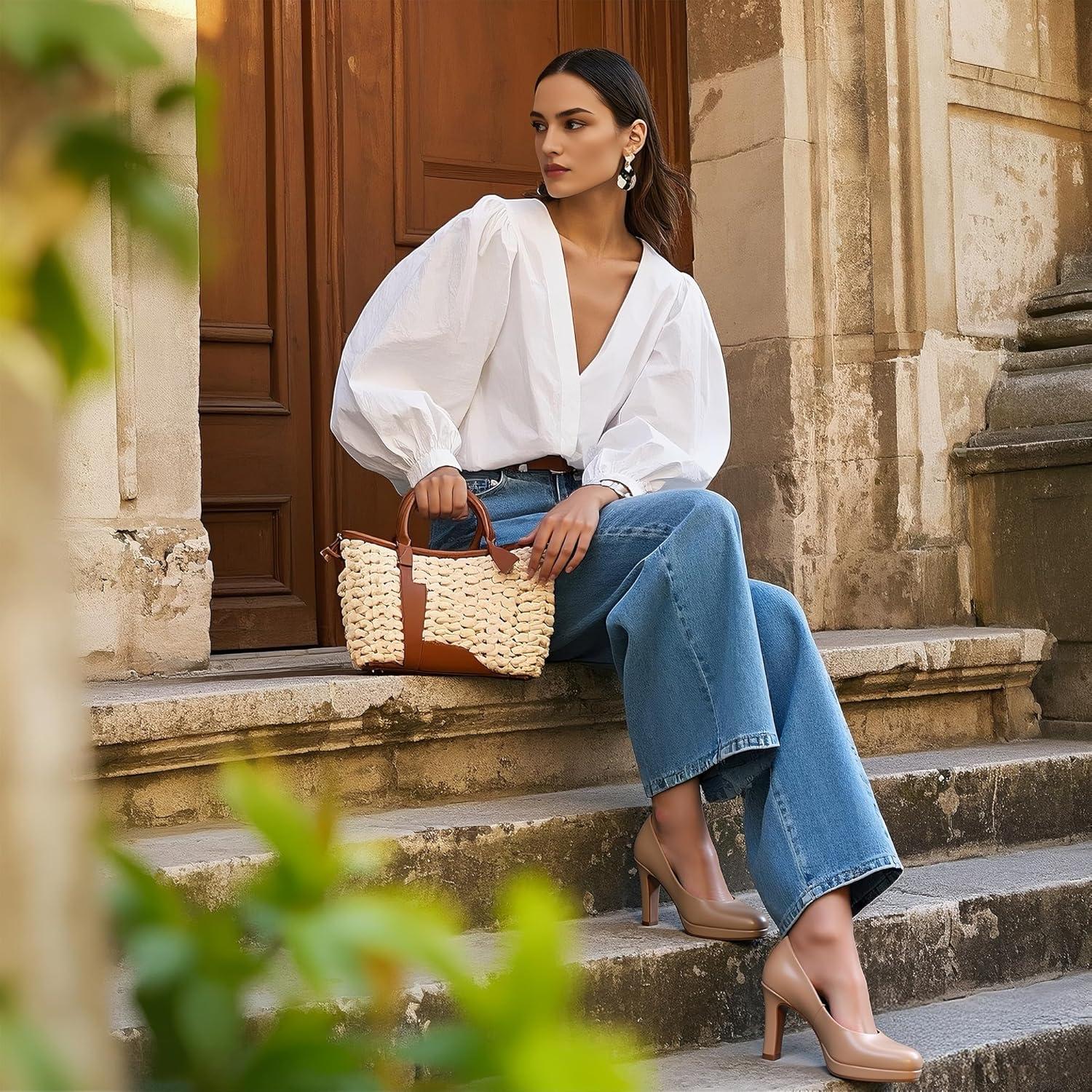 imageDREAM PAIRS Womens Pumps Close Toe Low Heels Platform Heels Comfortable Office Work Dress Shoes for WomenNudepu