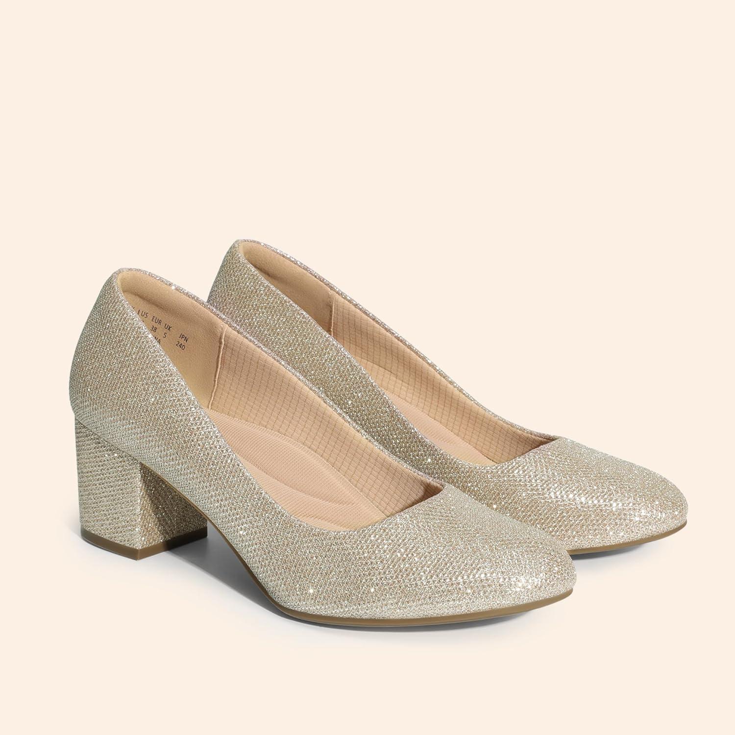 imageDREAM PAIRS Womens Pumps Low Chunky Block Heel Dress Shoes Closed Round Toe Comfortable HeelsGold