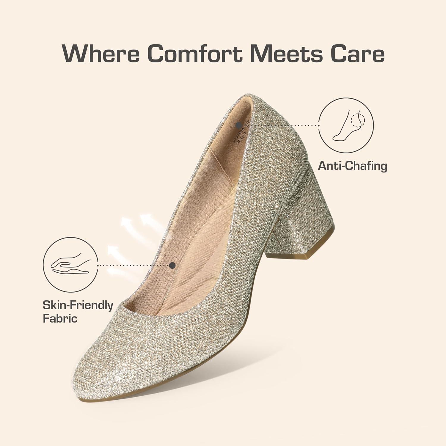 imageDREAM PAIRS Womens Pumps Low Chunky Block Heel Dress Shoes Closed Round Toe Comfortable HeelsGold