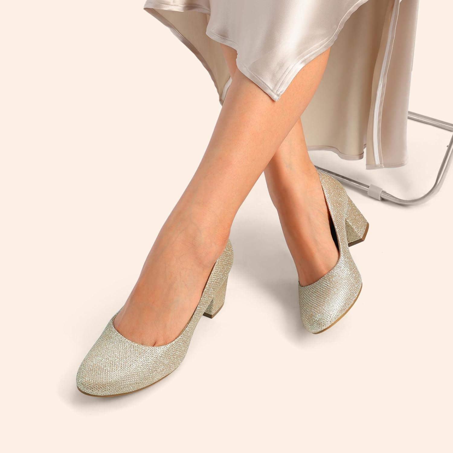 imageDREAM PAIRS Womens Pumps Low Chunky Block Heel Dress Shoes Closed Round Toe Comfortable HeelsGold