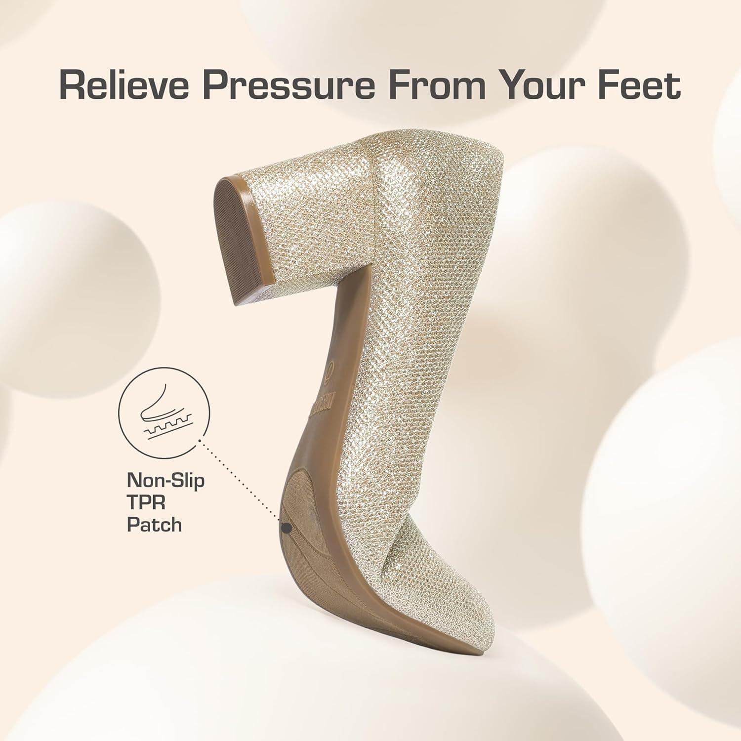 imageDREAM PAIRS Womens Pumps Low Chunky Block Heel Dress Shoes Closed Round Toe Comfortable HeelsGold