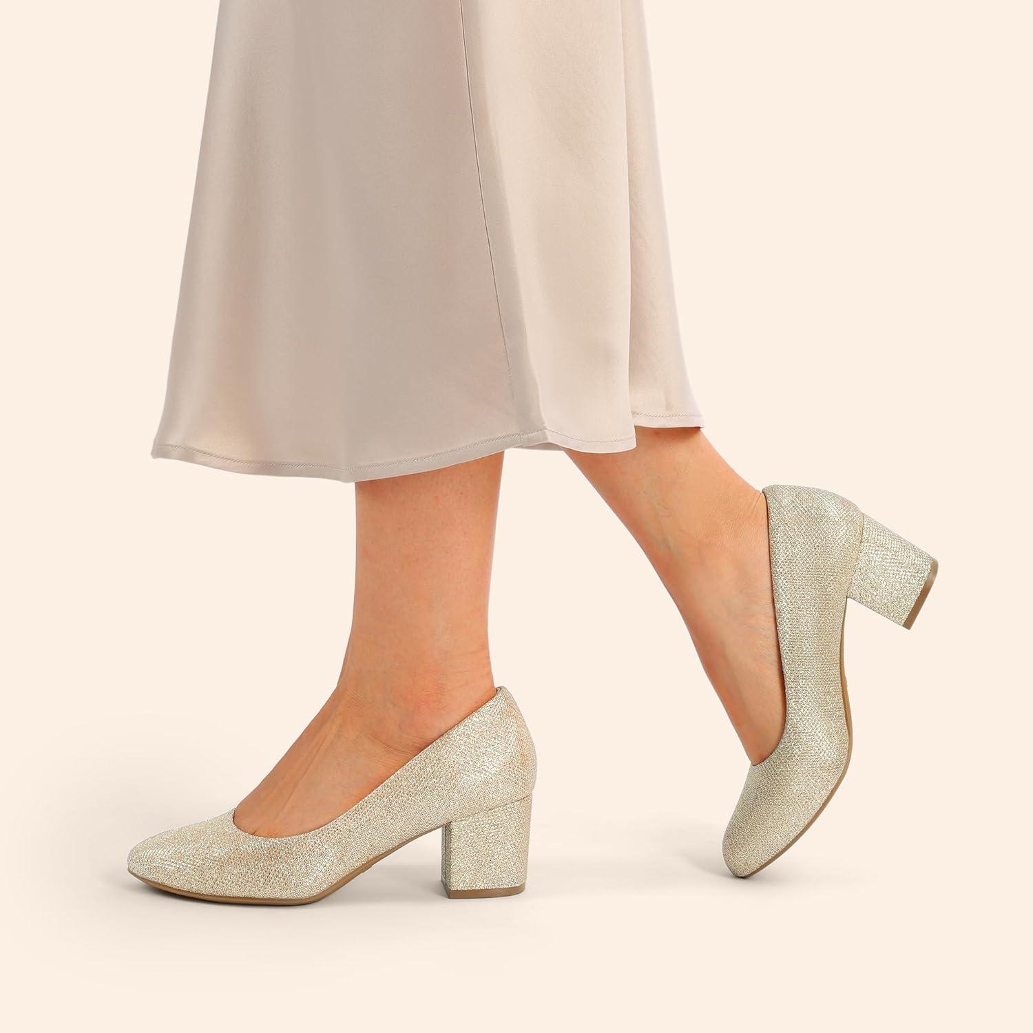 imageDREAM PAIRS Womens Pumps Low Chunky Block Heel Dress Shoes Closed Round Toe Comfortable HeelsGold