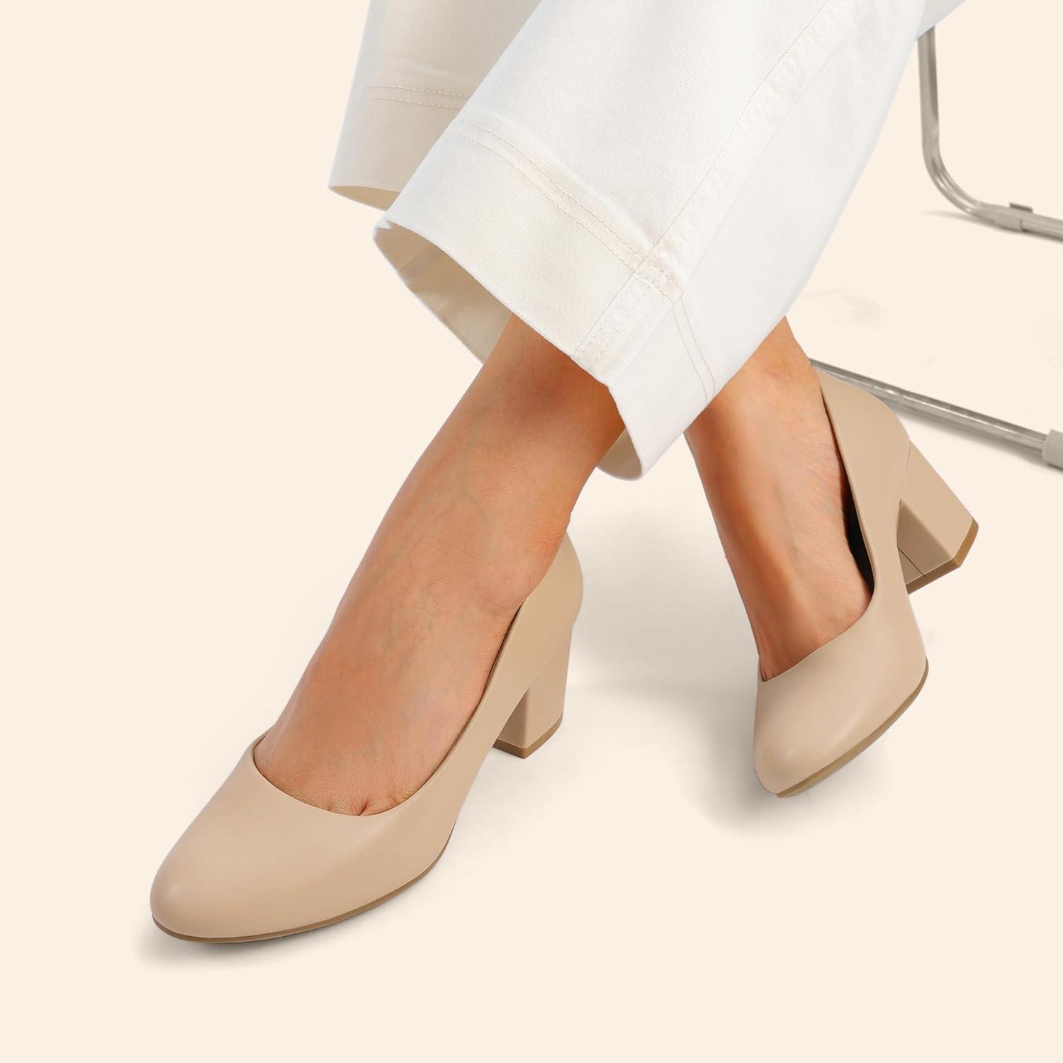 imageDREAM PAIRS Womens Pumps Low Chunky Block Heel Dress Shoes Closed Round Toe Comfortable HeelsNudepu