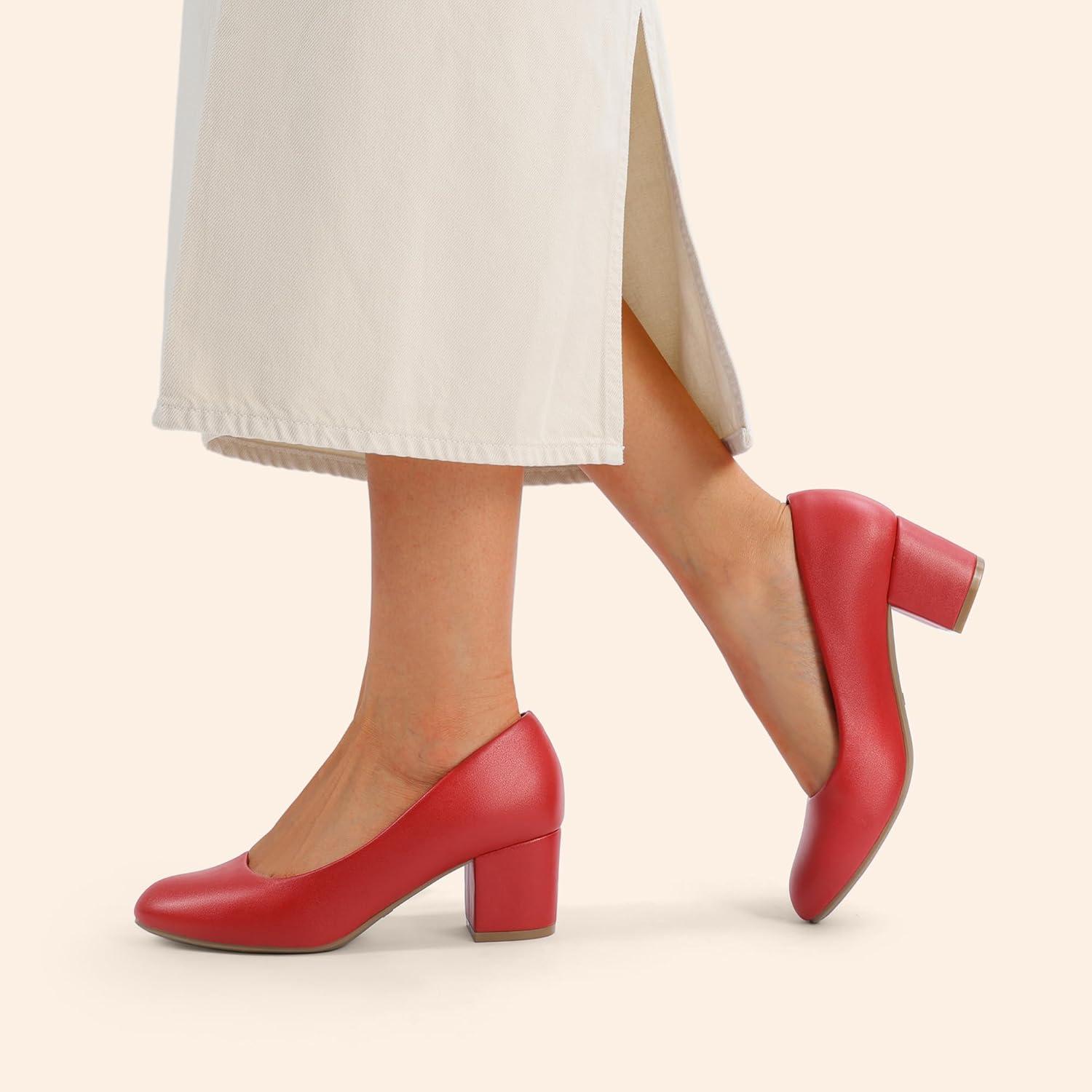 imageDREAM PAIRS Womens Pumps Low Chunky Block Heel Dress Shoes Closed Round Toe Comfortable HeelsRedpu