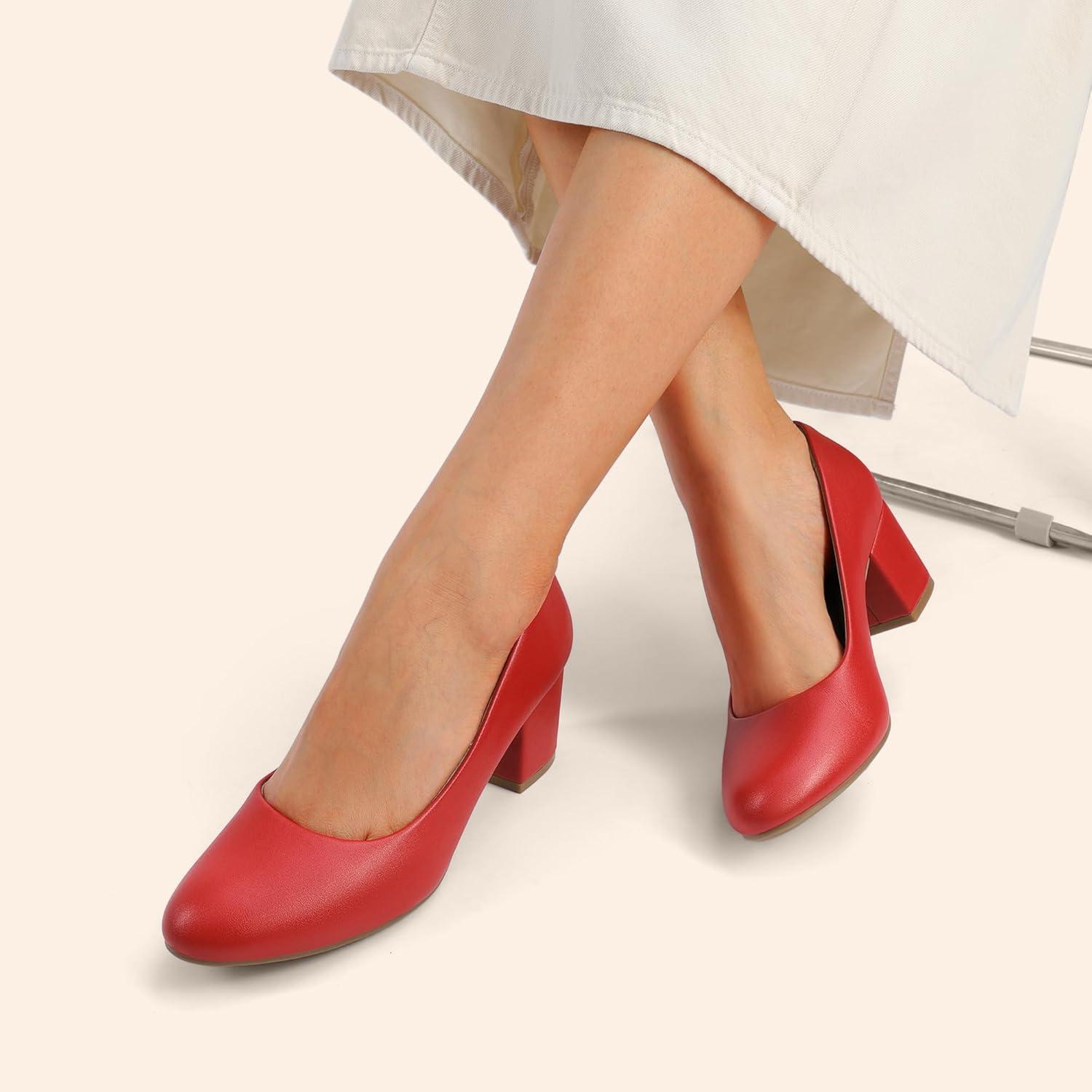 imageDREAM PAIRS Womens Pumps Low Chunky Block Heel Dress Shoes Closed Round Toe Comfortable HeelsRedpu