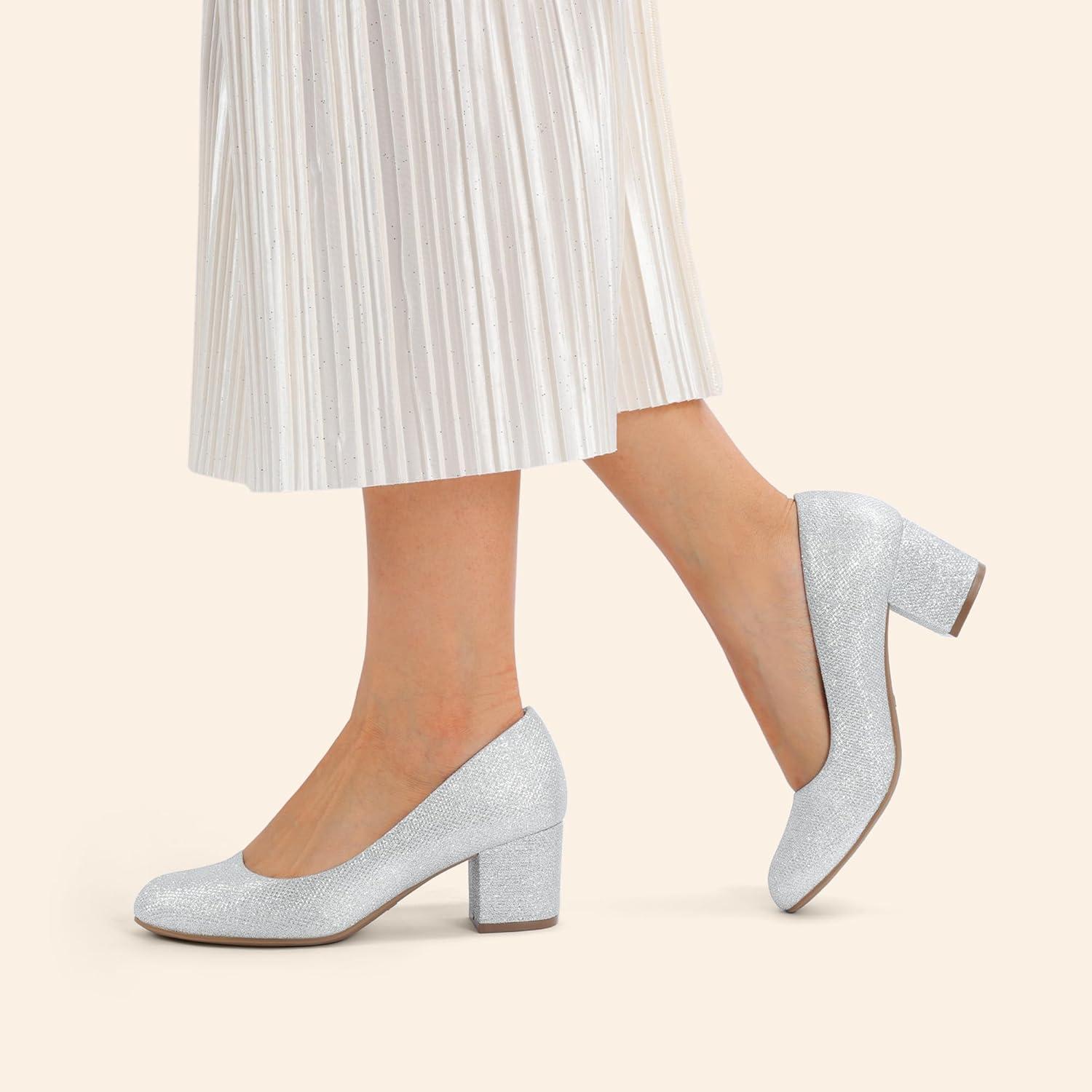 imageDREAM PAIRS Womens Pumps Low Chunky Block Heel Dress Shoes Closed Round Toe Comfortable HeelsSilver