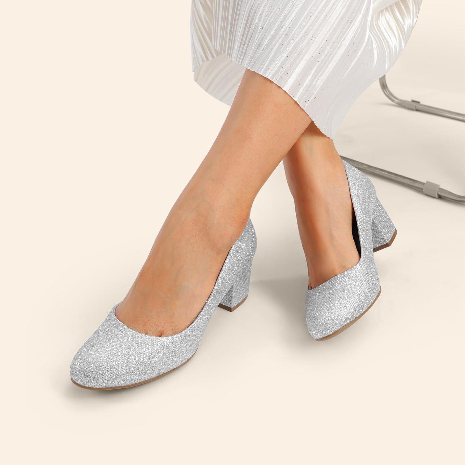 imageDREAM PAIRS Womens Pumps Low Chunky Block Heel Dress Shoes Closed Round Toe Comfortable HeelsSilver