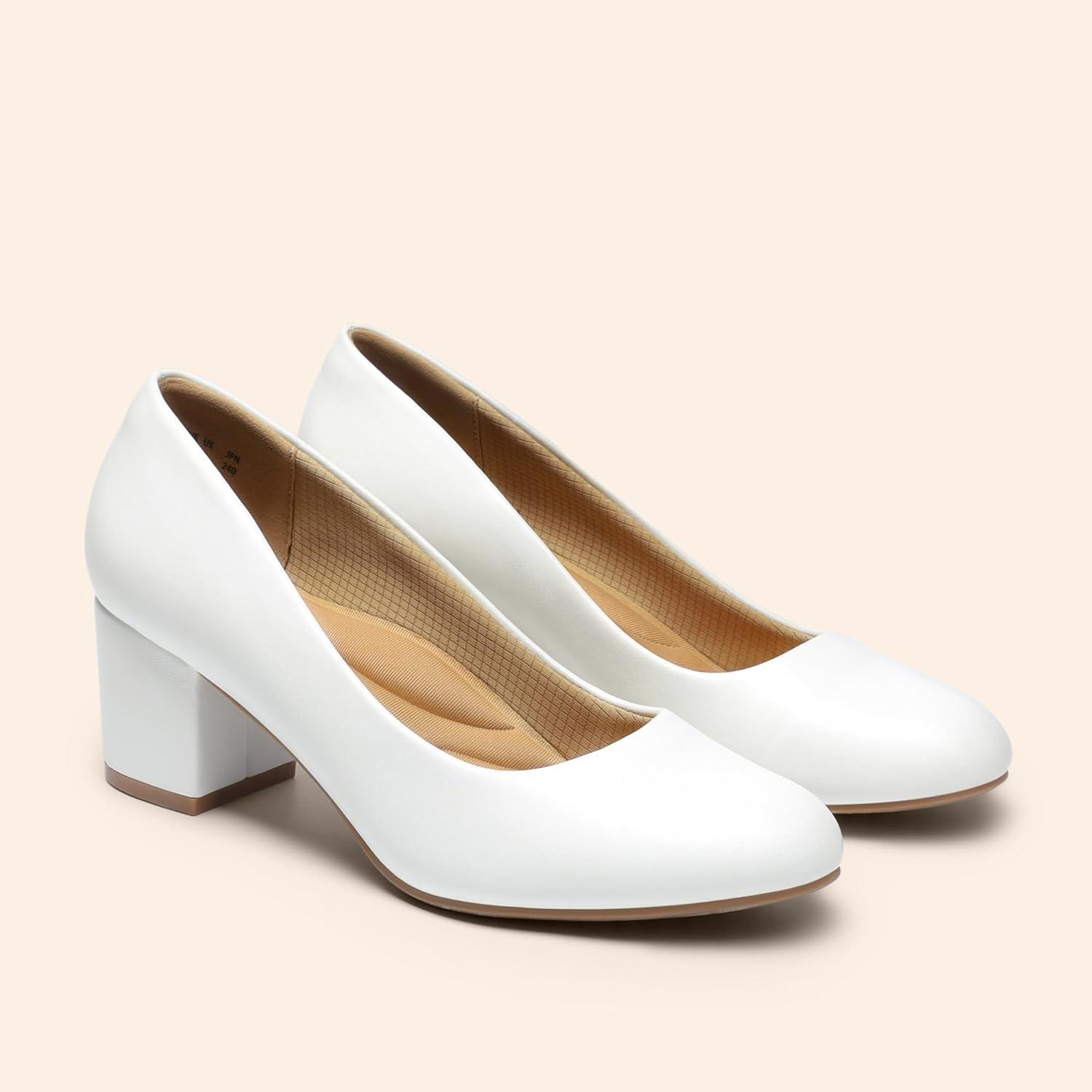 imageDREAM PAIRS Womens Pumps Low Chunky Block Heel Dress Shoes Closed Round Toe Comfortable HeelsWhitepu