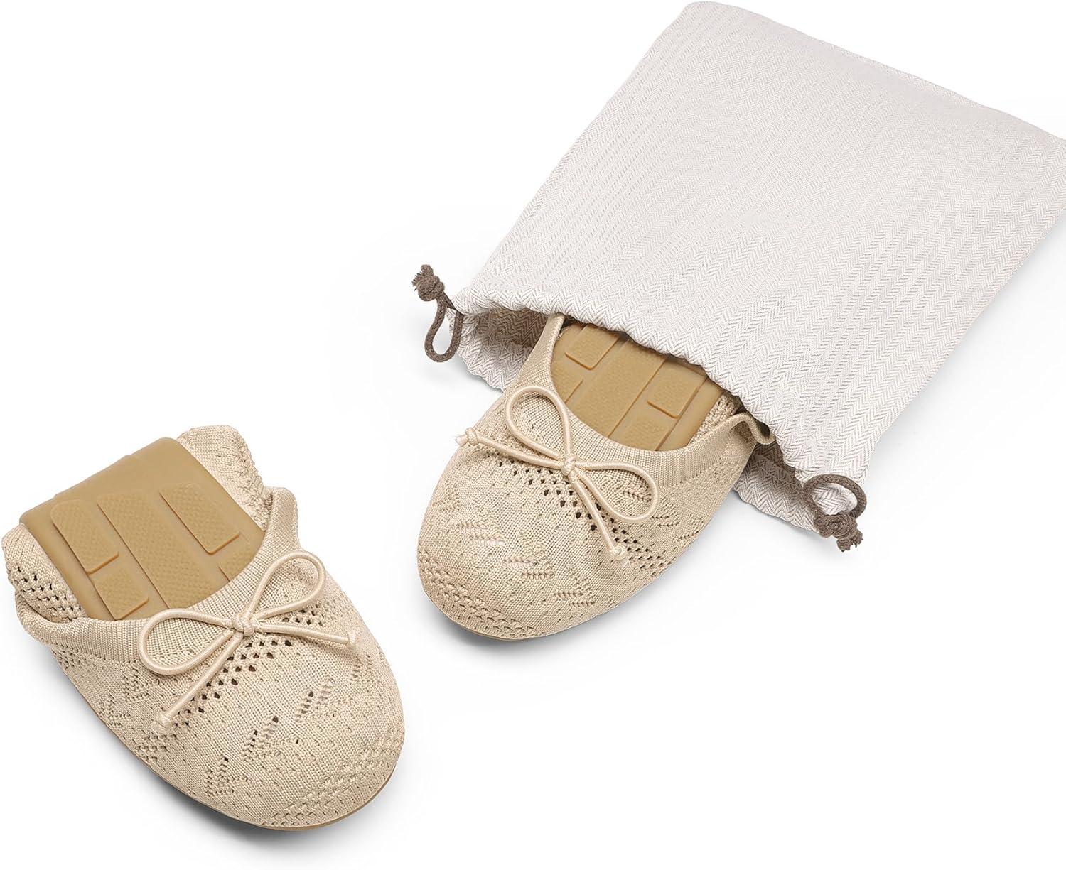 imageDREAM PAIRS Womens Round Toe Foldable Portable Knit Ballet Flats Comfortable Dressy Flats for Work Office Dress Shoes Business CasualNude