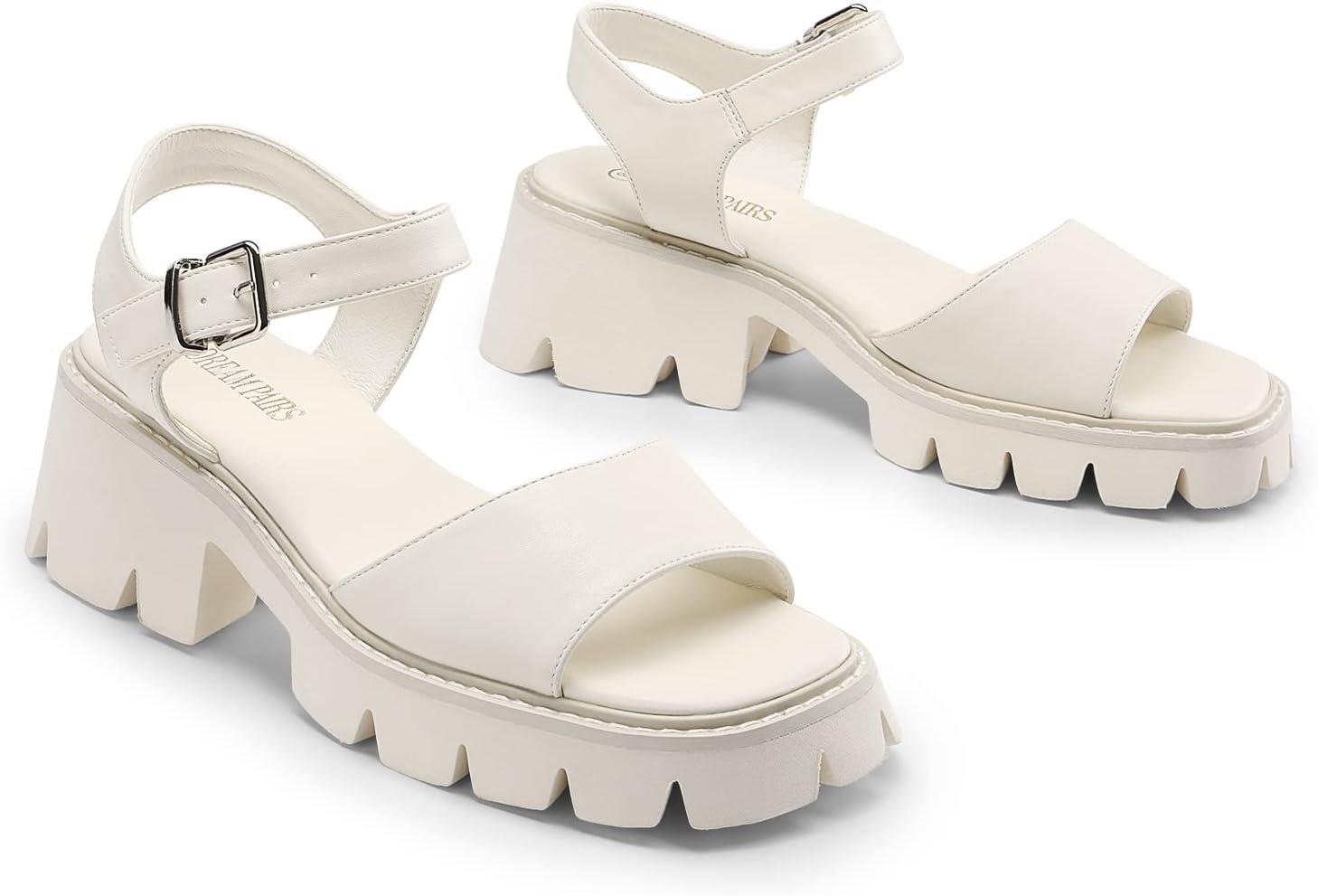 imageDREAM PAIRS Womens SDHS2316W Lug Sole Low Platform Chunky Block Heels Square Toe Ankle Straps Sandals Beige Size 9