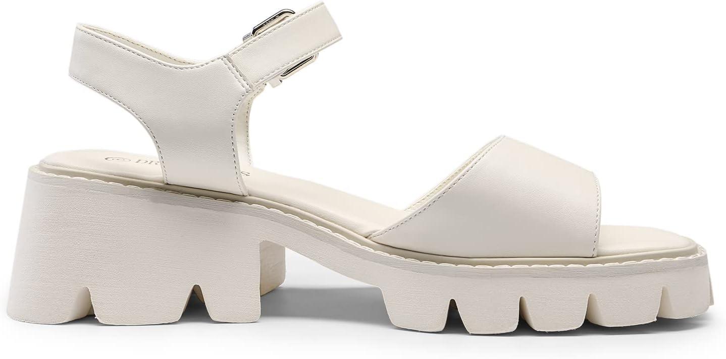 imageDREAM PAIRS Womens SDHS2316W Lug Sole Low Platform Chunky Block Heels Square Toe Ankle Straps Sandals Beige Size 9