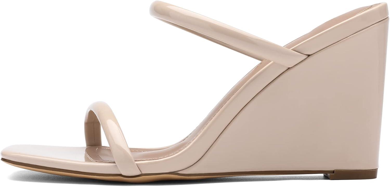 imageDREAM PAIRS Womens Slides Wedge Sandals Two Strap Square Open Toe Dress ShoesNude