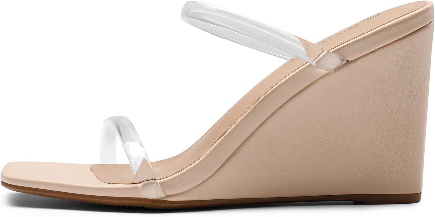imageDREAM PAIRS Womens Slides Wedge Sandals Two Strap Square Open Toe Dress ShoesNudeClear