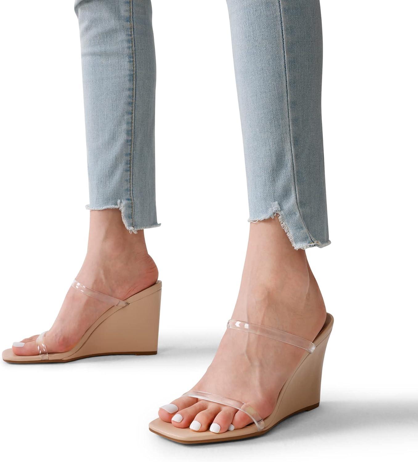 imageDREAM PAIRS Womens Slides Wedge Sandals Two Strap Square Open Toe Dress ShoesNudeClear