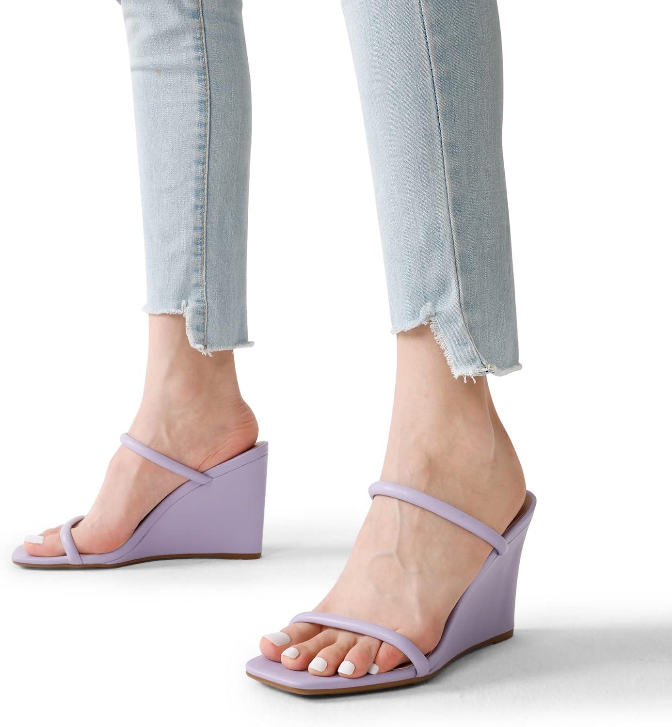 imageDREAM PAIRS Womens Slides Wedge Sandals Two Strap Square Open Toe Dress ShoesPurple