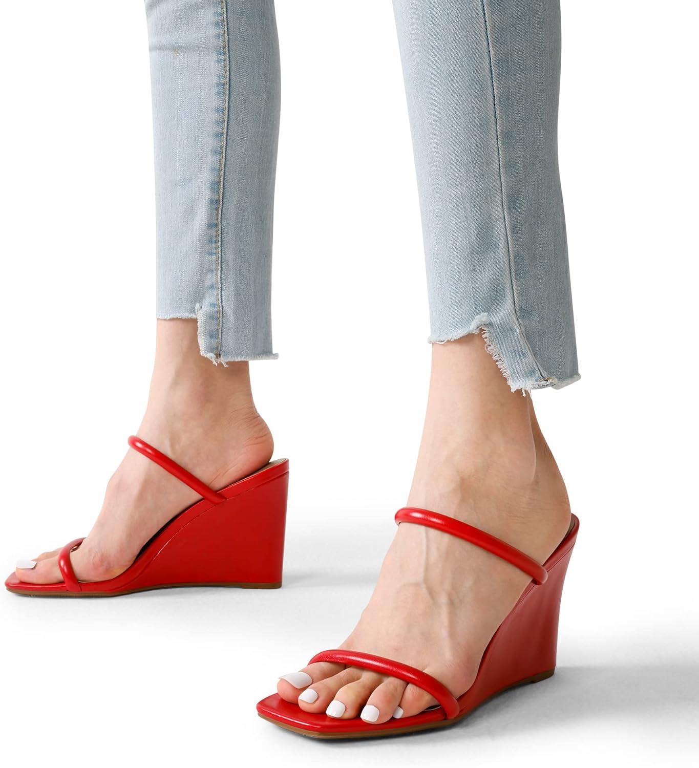 imageDREAM PAIRS Womens Slides Wedge Sandals Two Strap Square Open Toe Dress ShoesRed