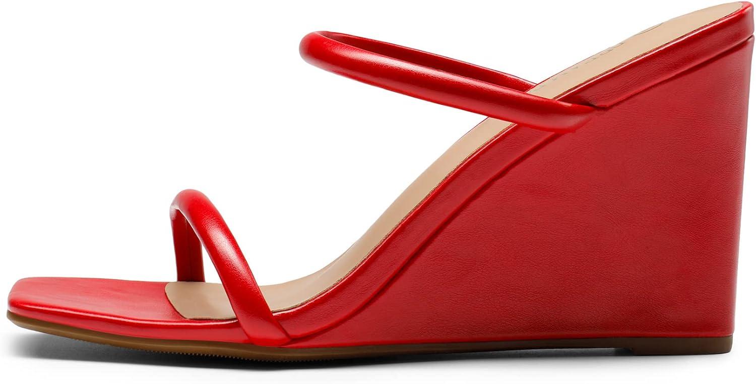 imageDREAM PAIRS Womens Slides Wedge Sandals Two Strap Square Open Toe Dress ShoesRed