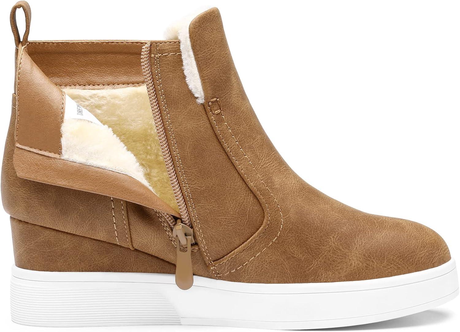 imageDREAM PAIRS Womens Slip on High Top Wedge Sneakers Hidden Heel Platform Wedgie Ankle BootiesTanPu