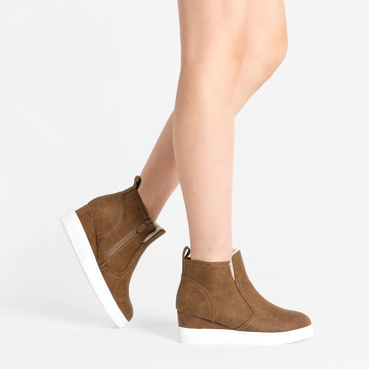 imageDREAM PAIRS Womens Slip on High Top Wedge Sneakers Hidden Heel Platform Wedgie Ankle BootiesTanPu