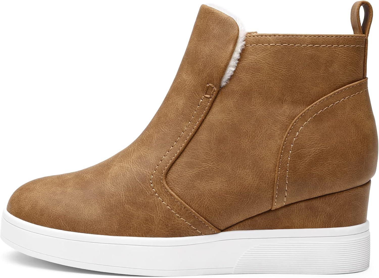 imageDREAM PAIRS Womens Slip on High Top Wedge Sneakers Hidden Heel Platform Wedgie Ankle BootiesTanPu