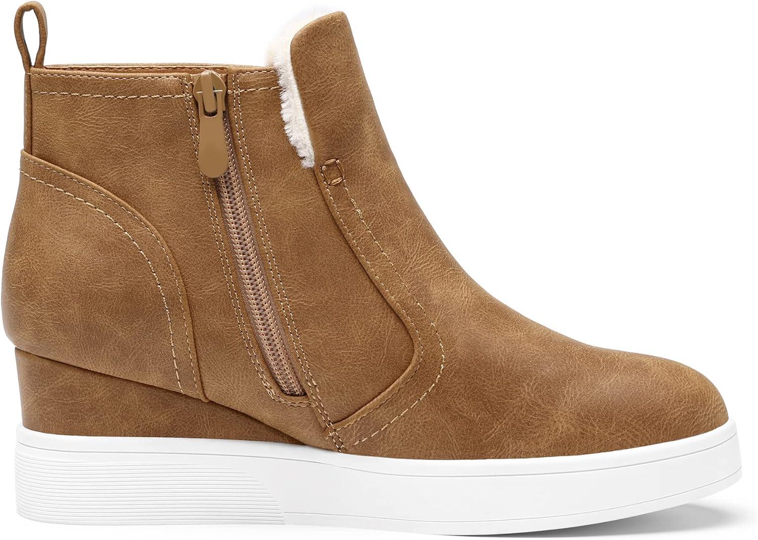 imageDREAM PAIRS Womens Slip on High Top Wedge Sneakers Hidden Heel Platform Wedgie Ankle BootiesTanPu