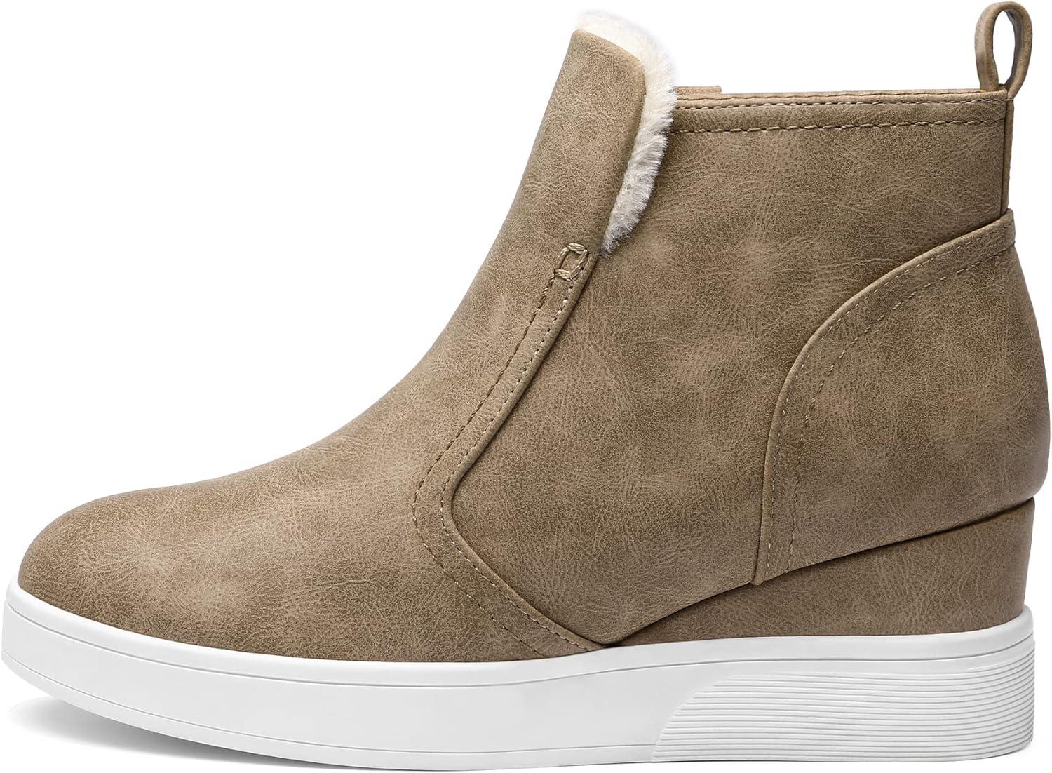 imageDREAM PAIRS Womens Slip on High Top Wedge Sneakers Hidden Heel Platform Wedgie Ankle BootiesTaupePu