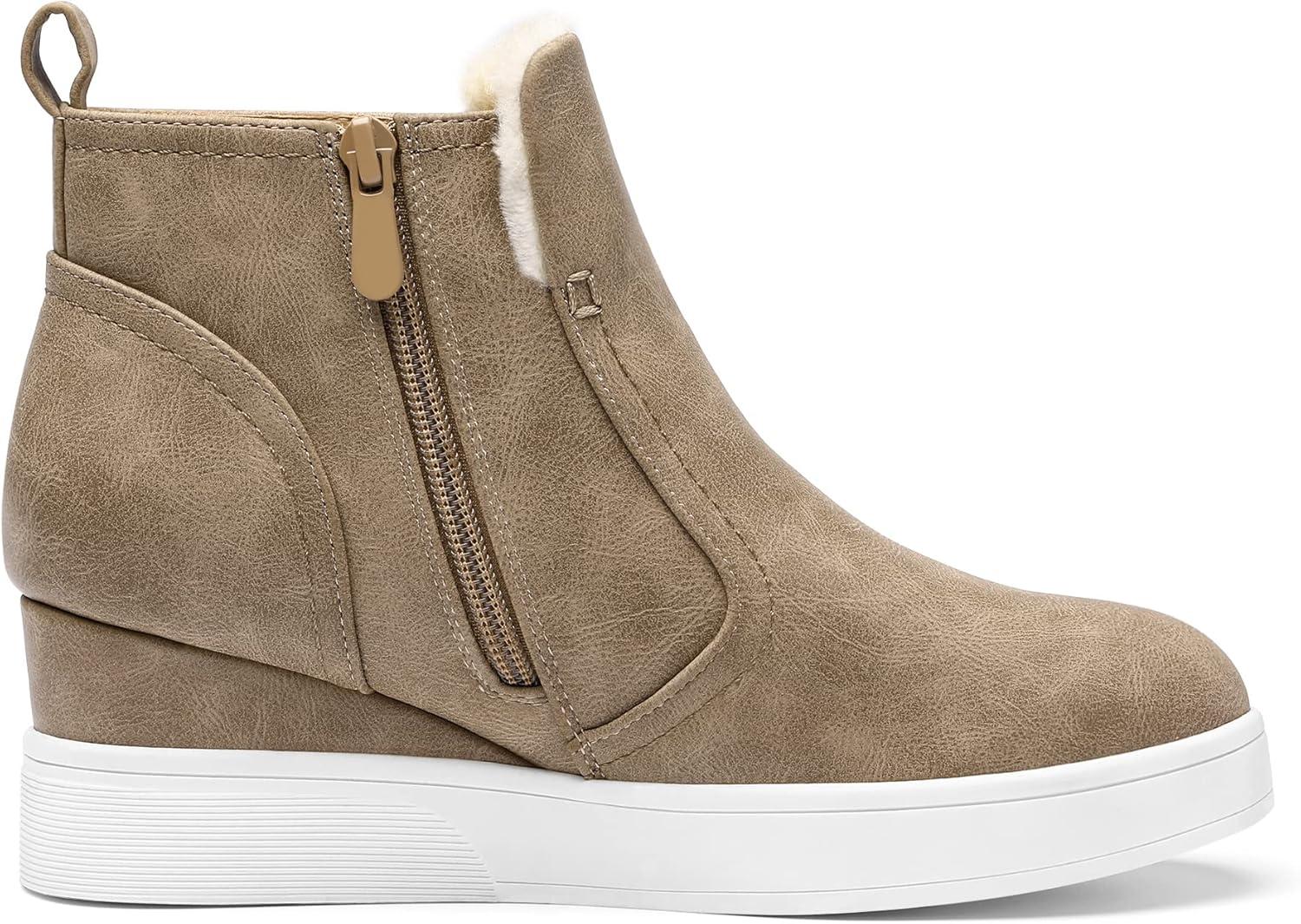 imageDREAM PAIRS Womens Slip on High Top Wedge Sneakers Hidden Heel Platform Wedgie Ankle BootiesTaupePu