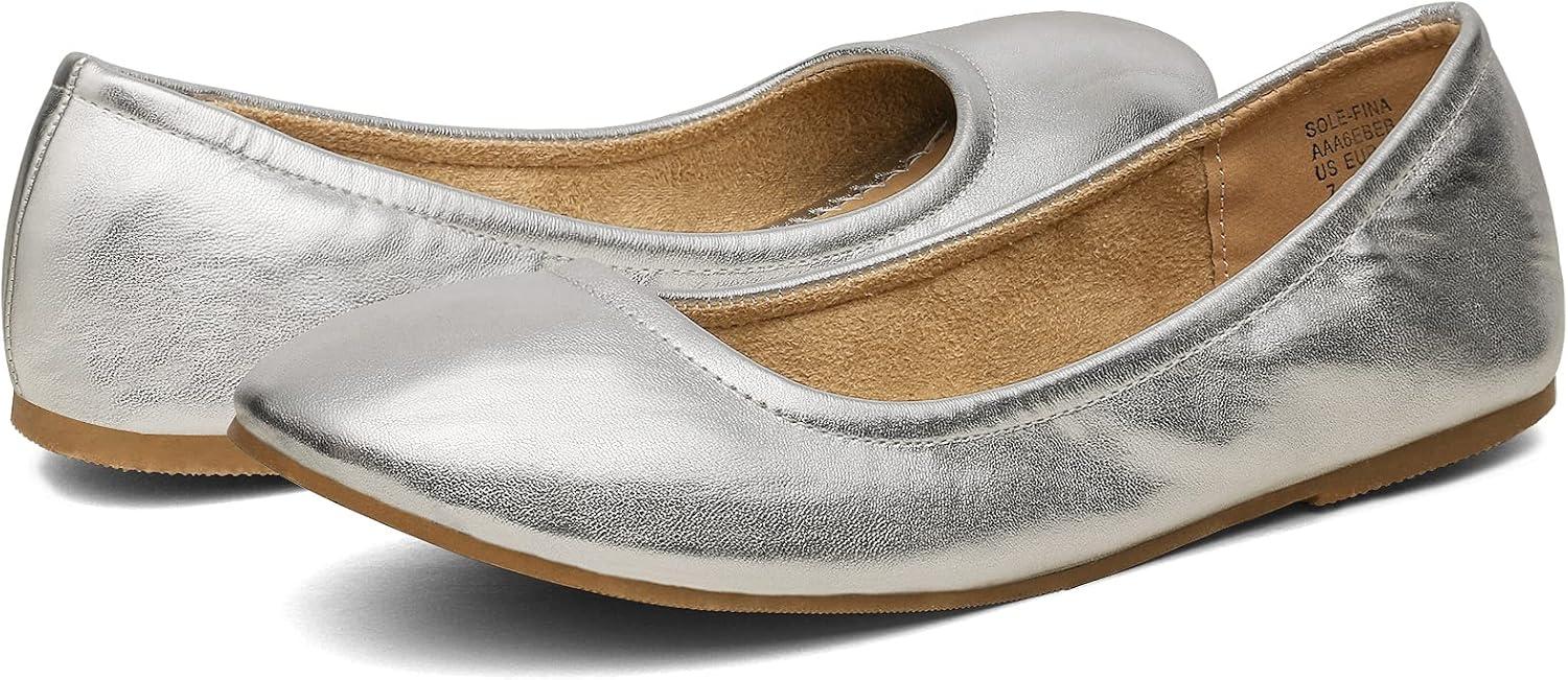 imageDREAM PAIRS Womens Solefina Solid Plain Walking Classic Ballet Flats ShoesSilverPu