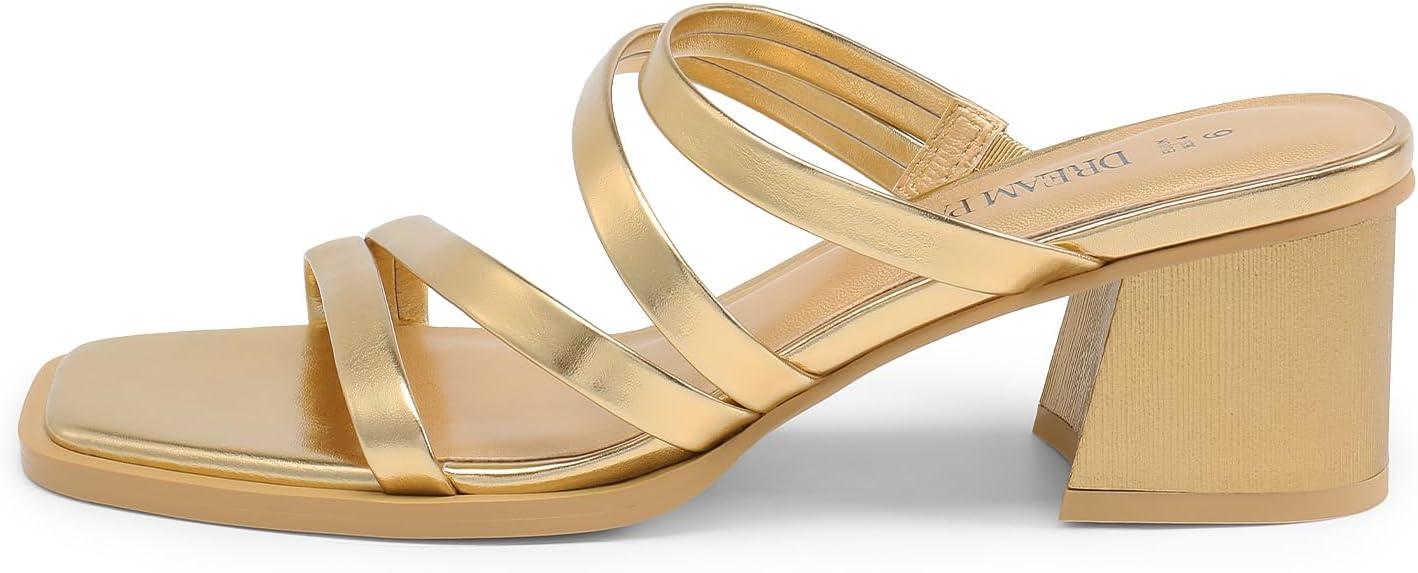 imageDREAM PAIRS Womens Strappy Heels Block Open Toe Low Heel Chunky Mules Sandals Dress ShoesGoldmetallic