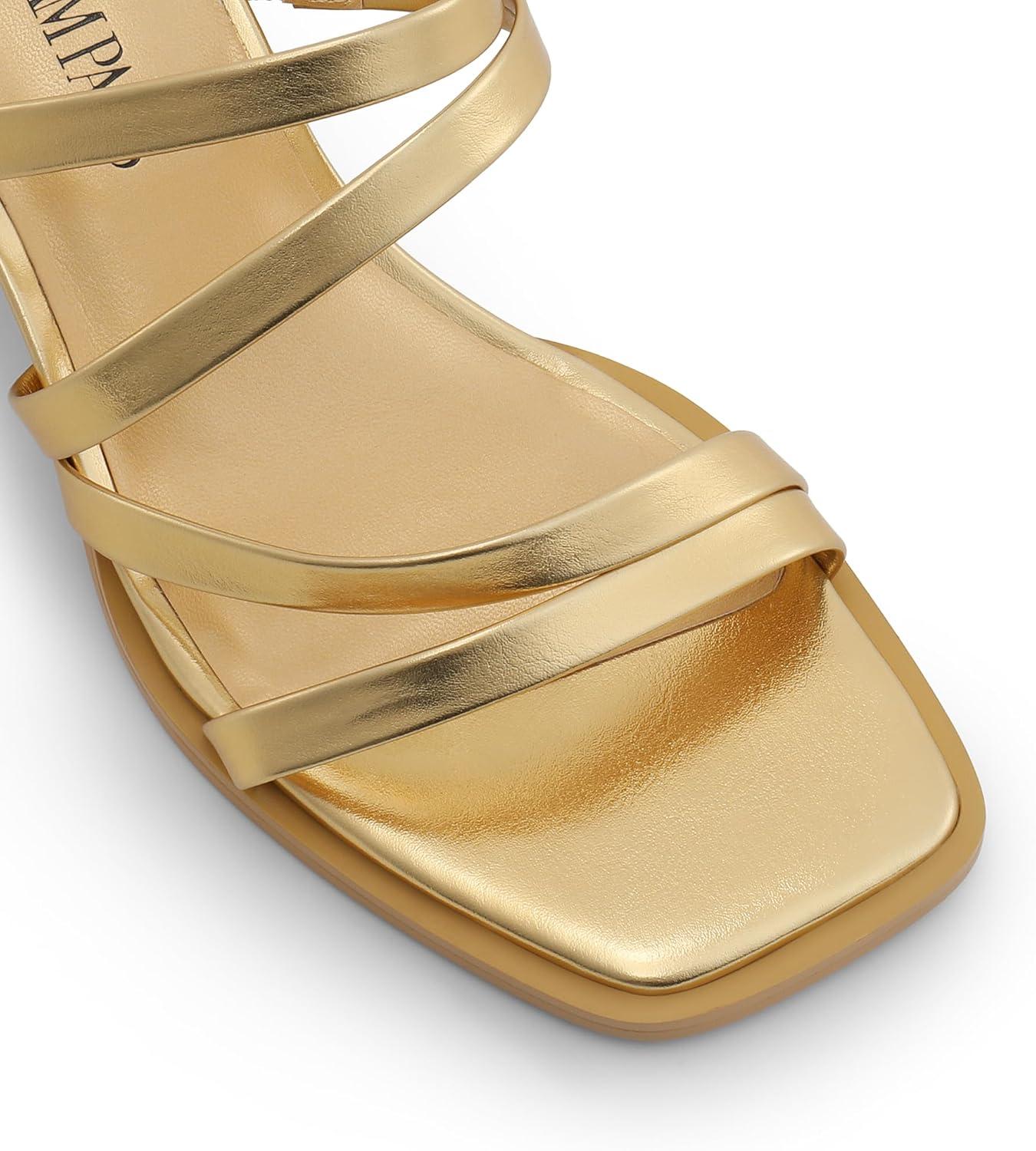 imageDREAM PAIRS Womens Strappy Heels Block Open Toe Low Heel Chunky Mules Sandals Dress ShoesGoldmetallic