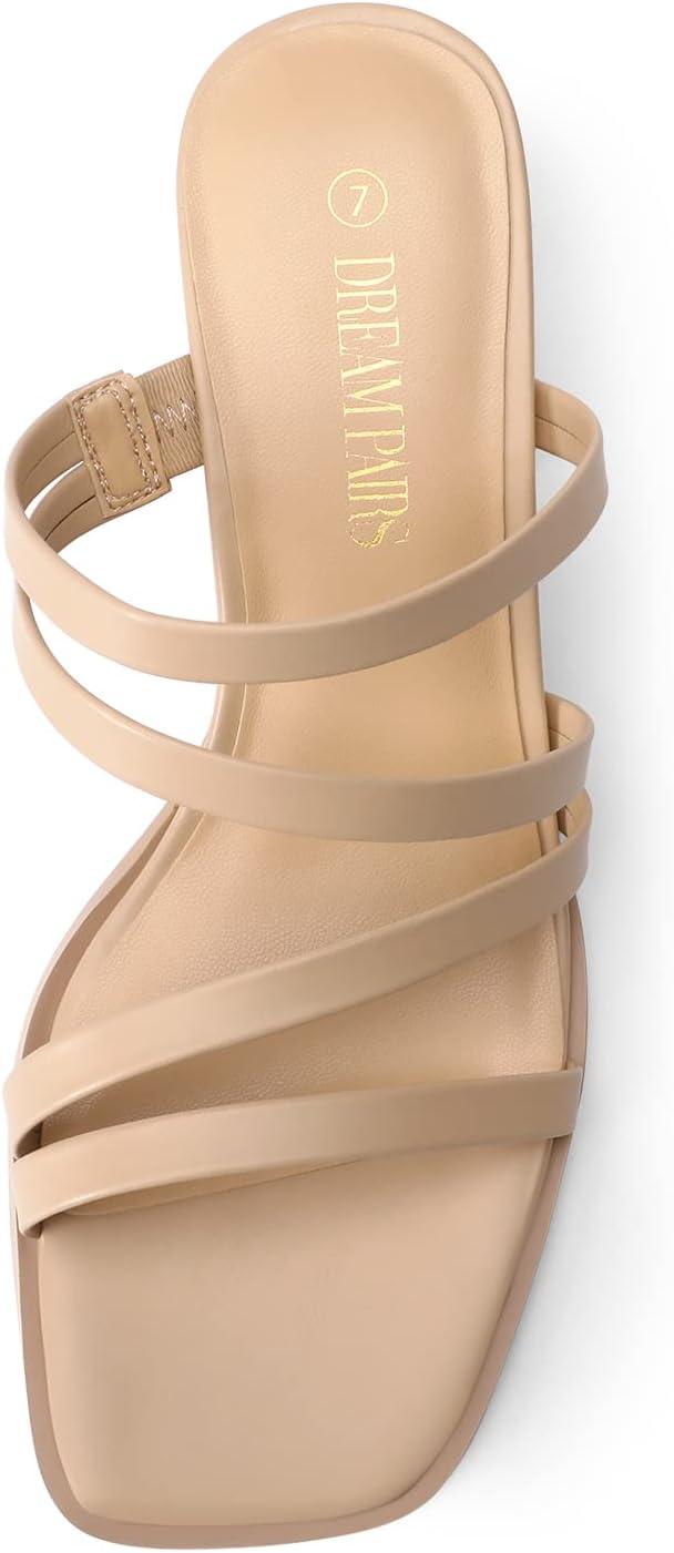 imageDREAM PAIRS Womens Strappy Heels Block Open Toe Low Heel Chunky Mules Sandals Dress ShoesNude