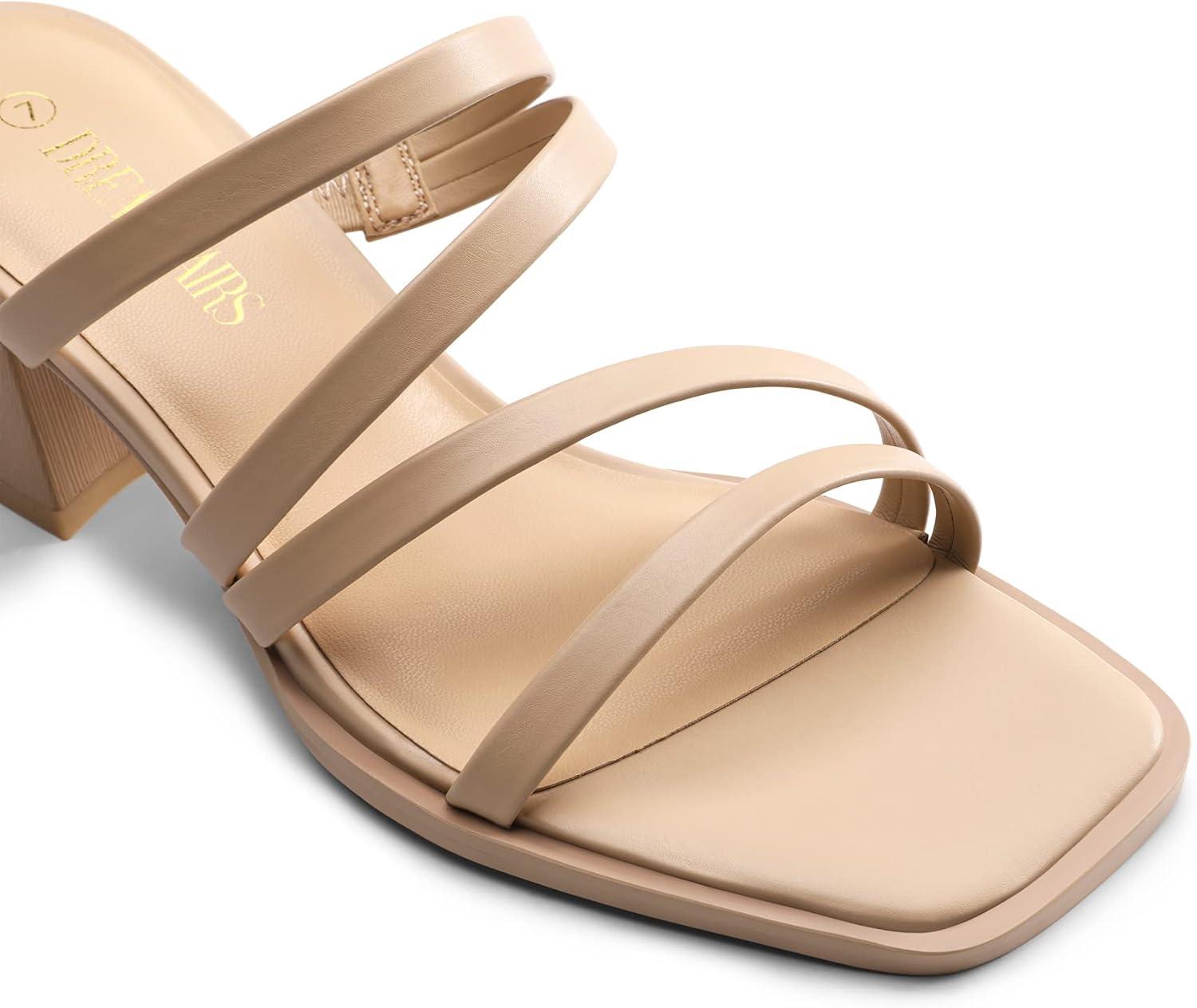 imageDREAM PAIRS Womens Strappy Heels Block Open Toe Low Heel Chunky Mules Sandals Dress ShoesNude
